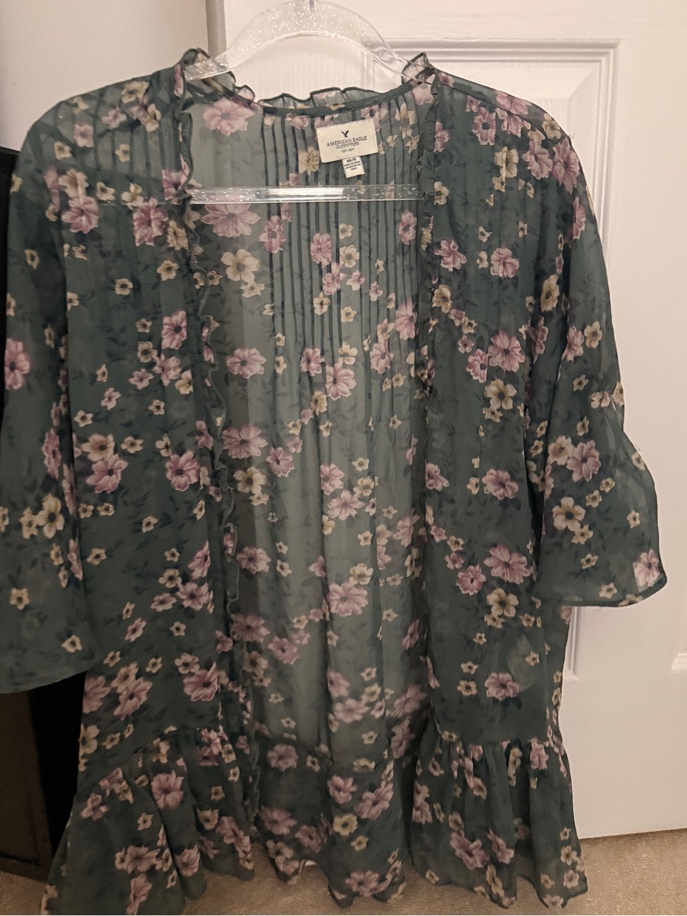 American Eagle Floral Sheer Kimono - Dusty Green with Pink Flowers